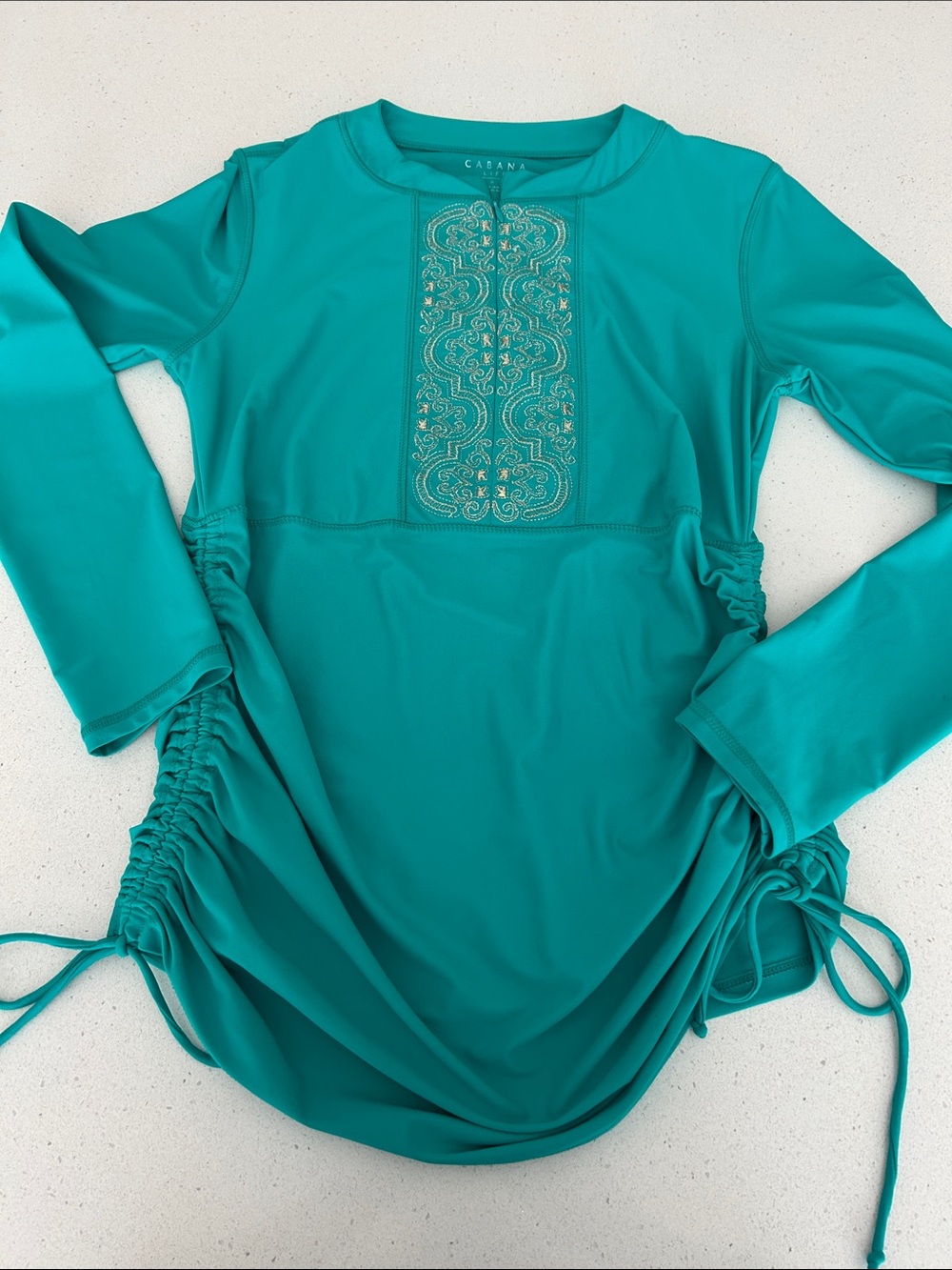 Cabana Life Teal Long-Sleeve Swim Top with Embroidered Front Panel